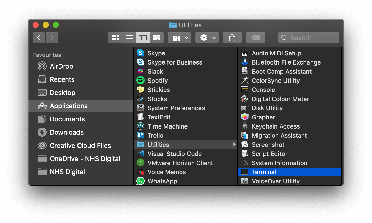 Screenshot of the location of the terminal application